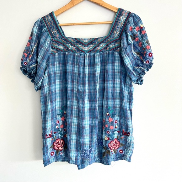JOHNNY WAS Aimee Peasant Blue Multicolor Embroidery Puff Sleeves Top Shirt Sz M - Picture 8 of 16